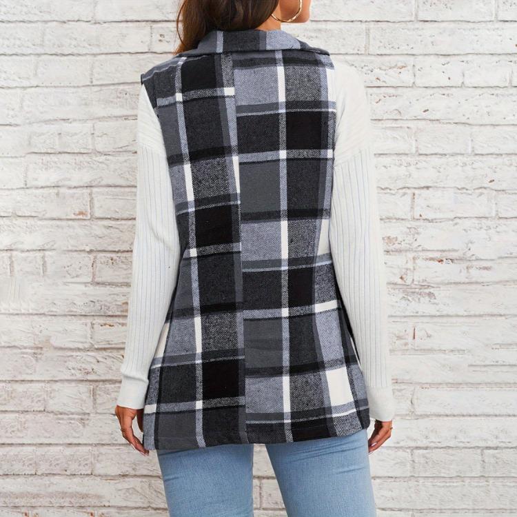 Women Checked Vest Sleeveless Single Breasted Cardigan Turn Down Collar Sizes S-XL Spring Autumn