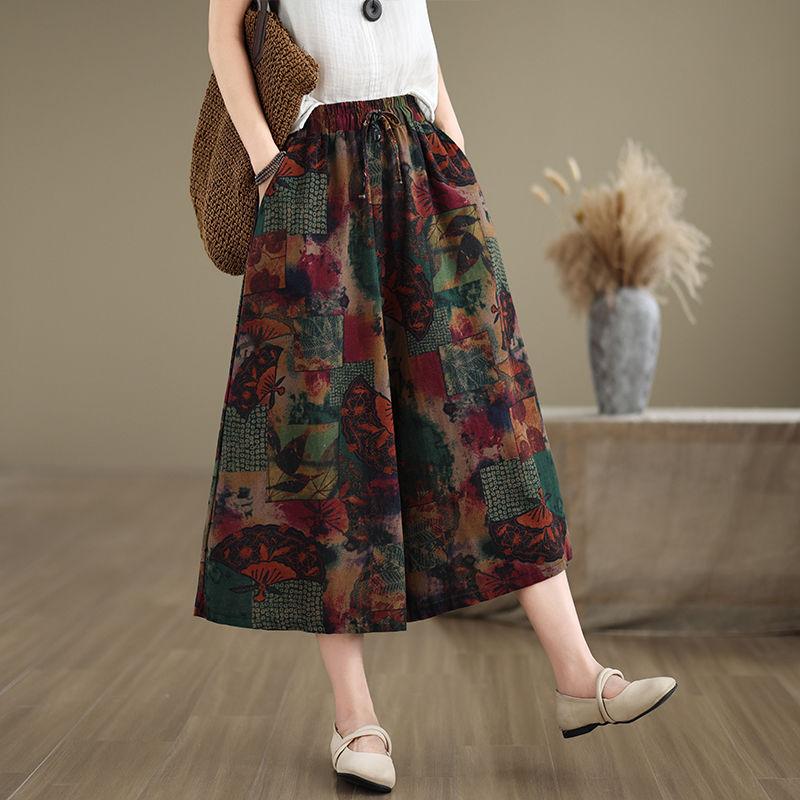 Ethnic Style Floral Wide Leg Pants Summer Plus Size Women's Loose Casual Seven Quarter Straight Leg Pants