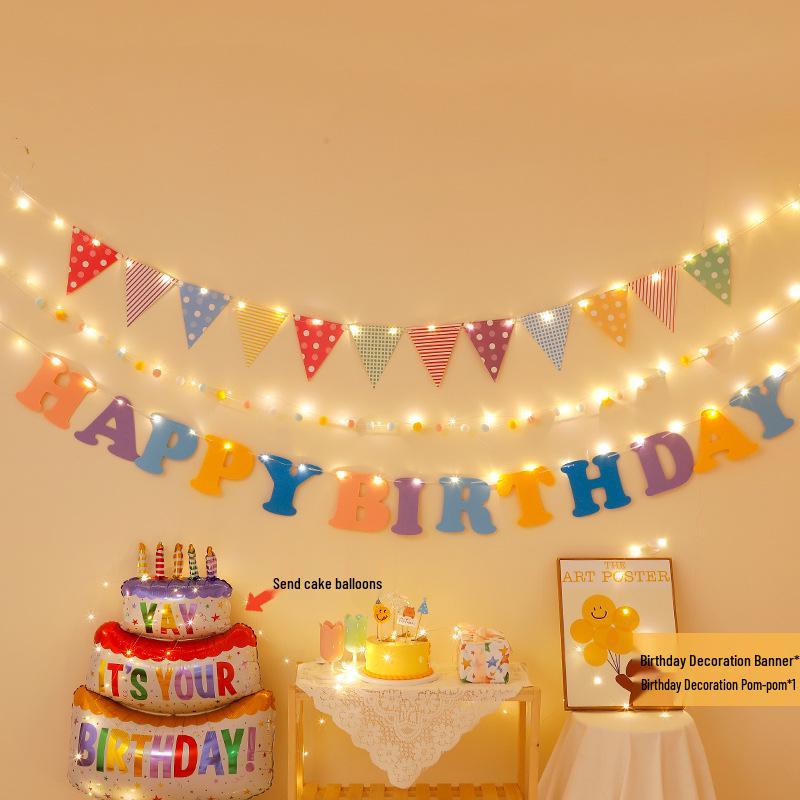 First Birthday Party Hanging Decoration: Happy Birthday Banner with Pom Poms and Bunting for Kids.