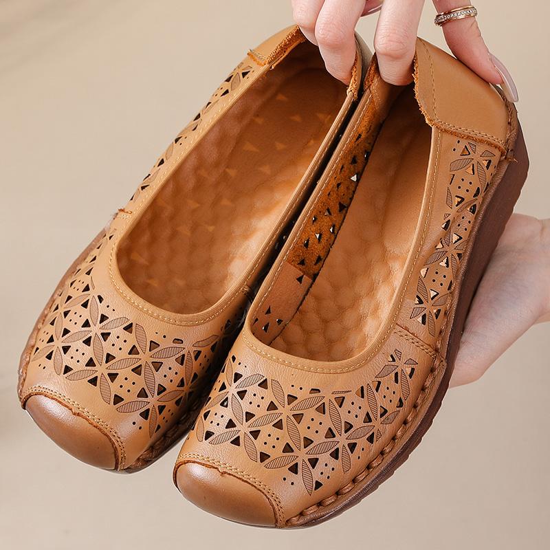 New genuine leather wedged sandals women's breathable summer autumn shoes elderly woman slip on shallow moccasins ladies sandal