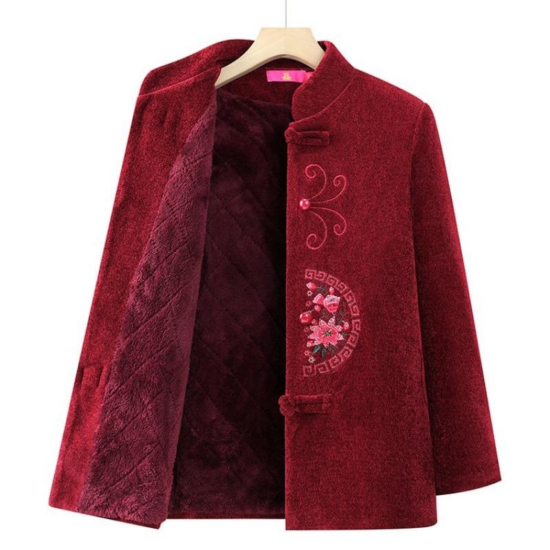 Grandma autumn and winter coat fleece thickened medium elderly grandmother clothes female plus size old lady Tang suit top