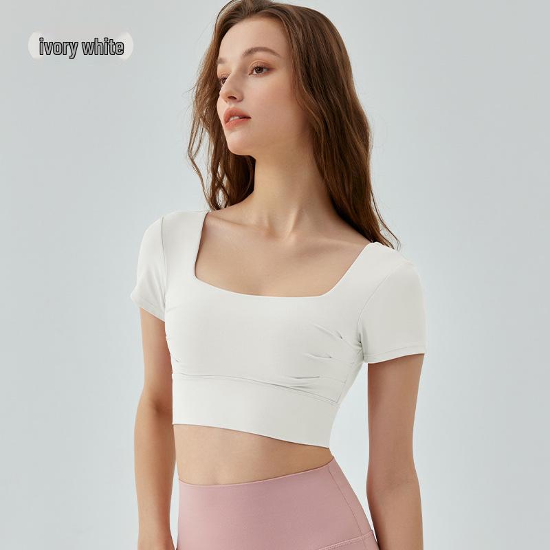 

Женская футболка для йоги с плиссированной спиной и открытой спиной со съемными вкладышами - Дышащая, облегающая, с коротким рукавом Extra Large