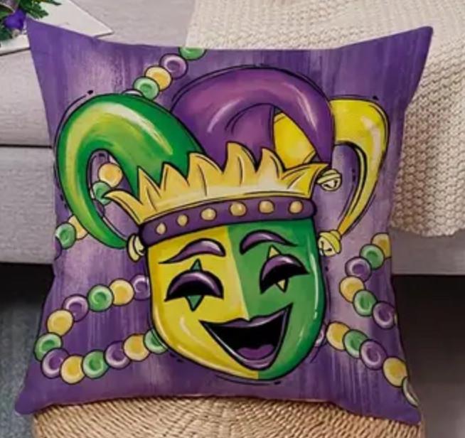 1pc Mardi Gras Celebration Pillow Cover Purple with Beads & Clown Mask, 18"