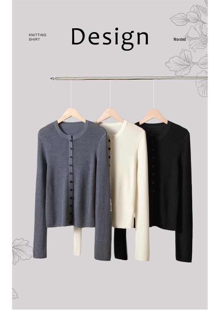 Women's 100% Fine Wool Ribbed Button-Up Cardigan, Round Neck Knitwear – Elegant & Versatile Jacket