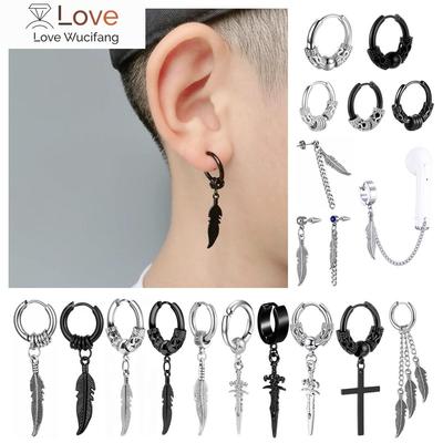Punk Vintage Design Leaf Hoop Earrings For Women Men Jewelry Accessories Black Stainless Feather Earring Brincos