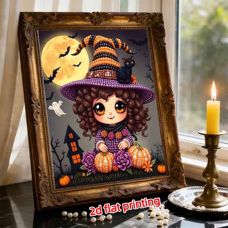 Pearl Painting DIY Kit Frameless Halloween Witch Cat Pumpkin Pattern Shiny Bead Art Canvas Creative Wall Decor Gift Craft Home