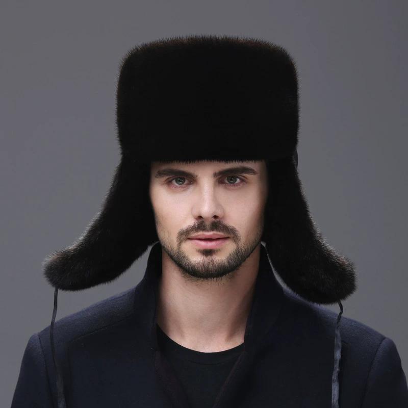 Cheney Fox Mink Hat Male Middle-aged and Elderly Outdoor Warmth in Winter Leather Ear Protection Whole Mink Fur Hat