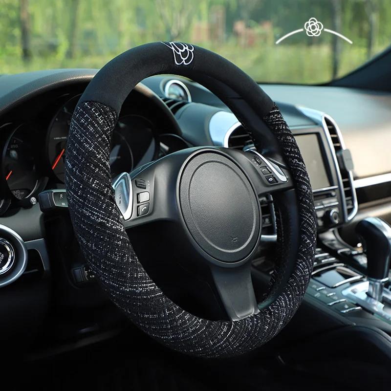 Car Steering Wheel Cover Embroidered Camellia Winter Plush Comfort Car Handle Cover Goddess Steering Wheel Cover