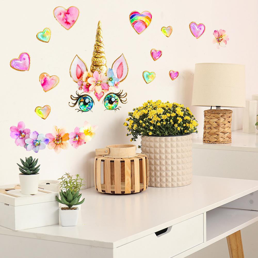Cartoon Unicorn with Heart Wall Sticker Magical Sweet Self-Adhesive Decor for Children's Bedroom Living Room Kids Room