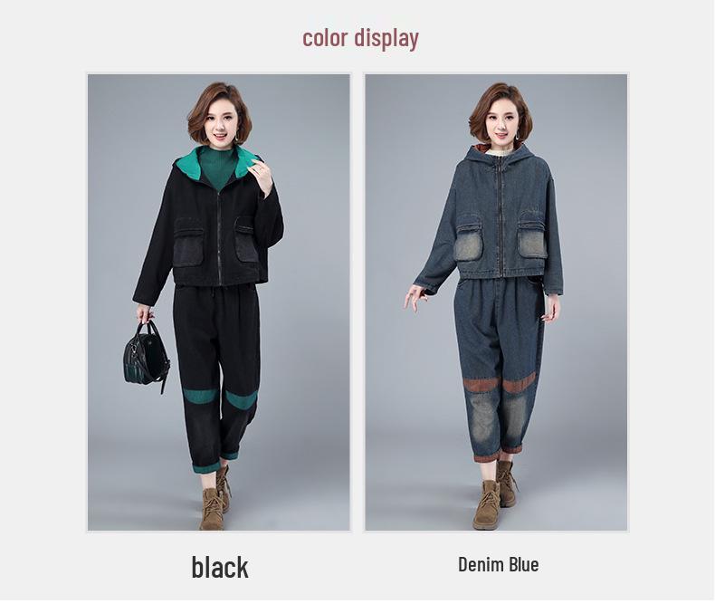 Costum de blugi gros pentru femei 2024: Modă Toamnă/Iarnă, Set Elegant Casual din Două Piese pentru Mame de Vârstă Mijlocie și Vârstnice