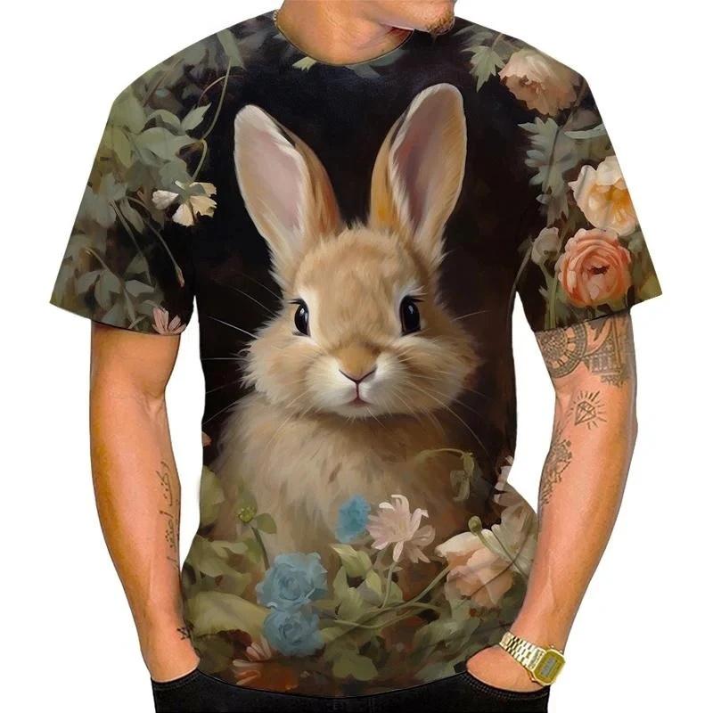 Cute Animal Rabbit Pattern T Shirt For Men Flower 3D Printed Tees Summer Casual Round Neck Tops Unisex T-Shirts Short Sleeves