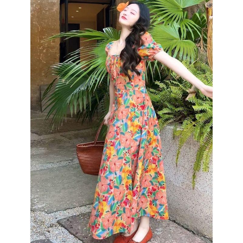 Womens Floral Print Square Neck Puff Sleeve A Line Dress L оранжевый