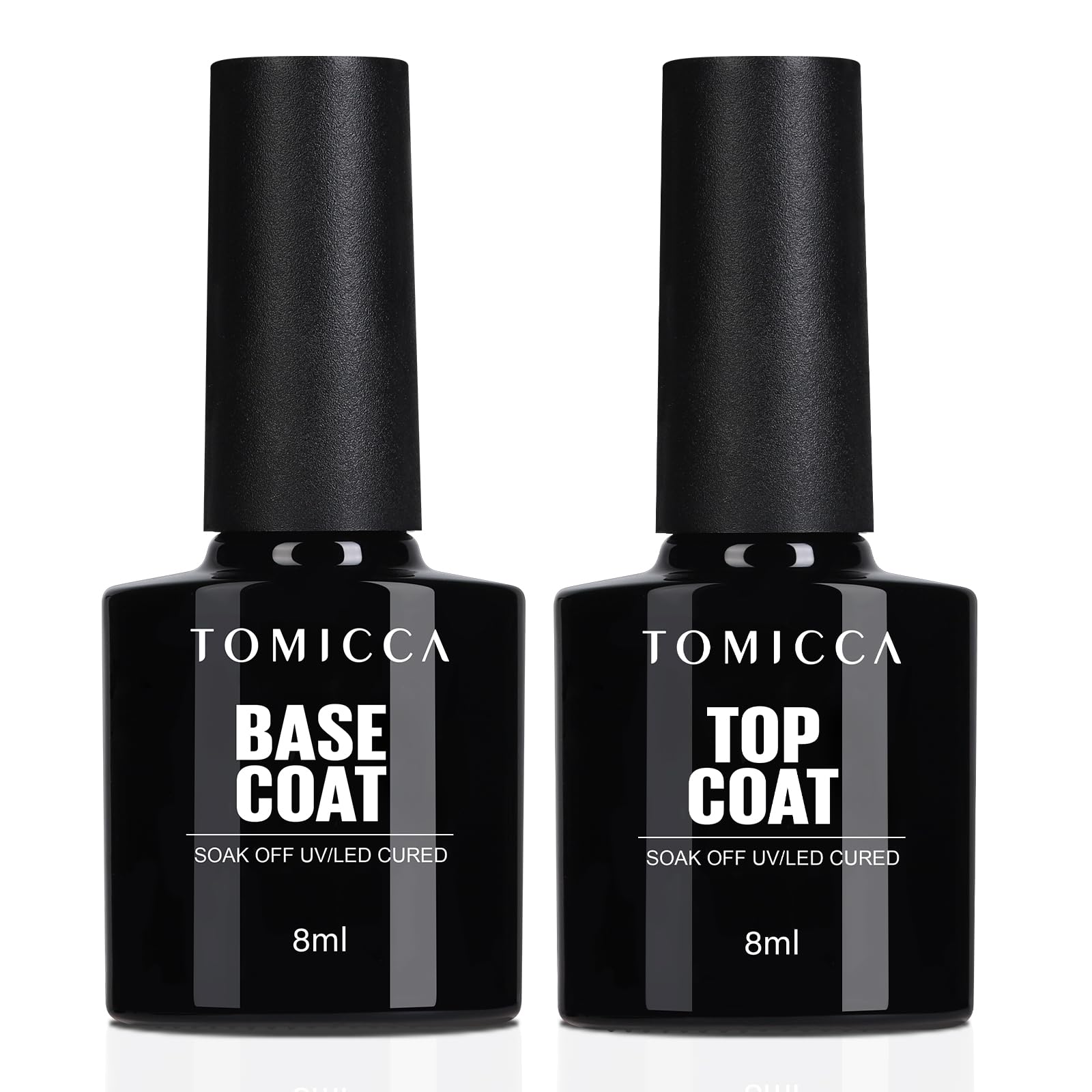 TOMICCA Gel Nail Top Coat Base Coat 8ml Compatible No Wipe Required & 2-Pack UV/LED Non-Wipe