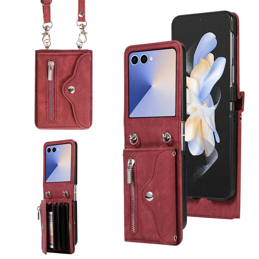 Leather Crossbody Zipper Wallet Phone Case for Samsung Galaxy Z Flip Card Holder Cover for Models 7 6 5 4 3 Flip7 FE Flip6 Flip5