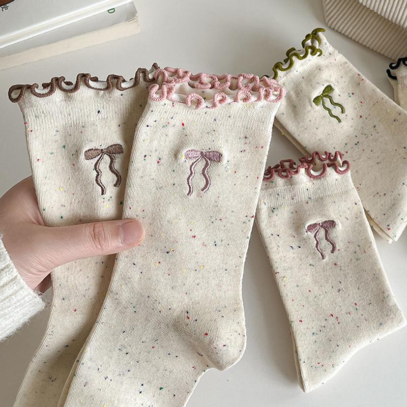 SCIONE Women's Pile Socks Solid Color Cotton Socks Spring and Autumn Yarn Stockings Cute Kapibala Series Ruffled Trim Embroidered Girl Socks