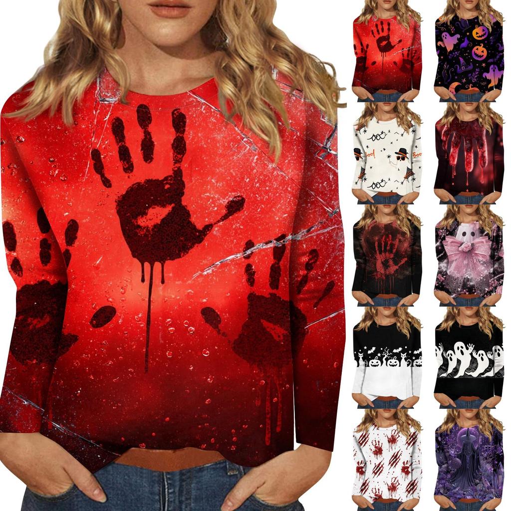 Women's Long-sleeved Loose-necked Halloween Print Casual Top , Suitable for Holiday Parties