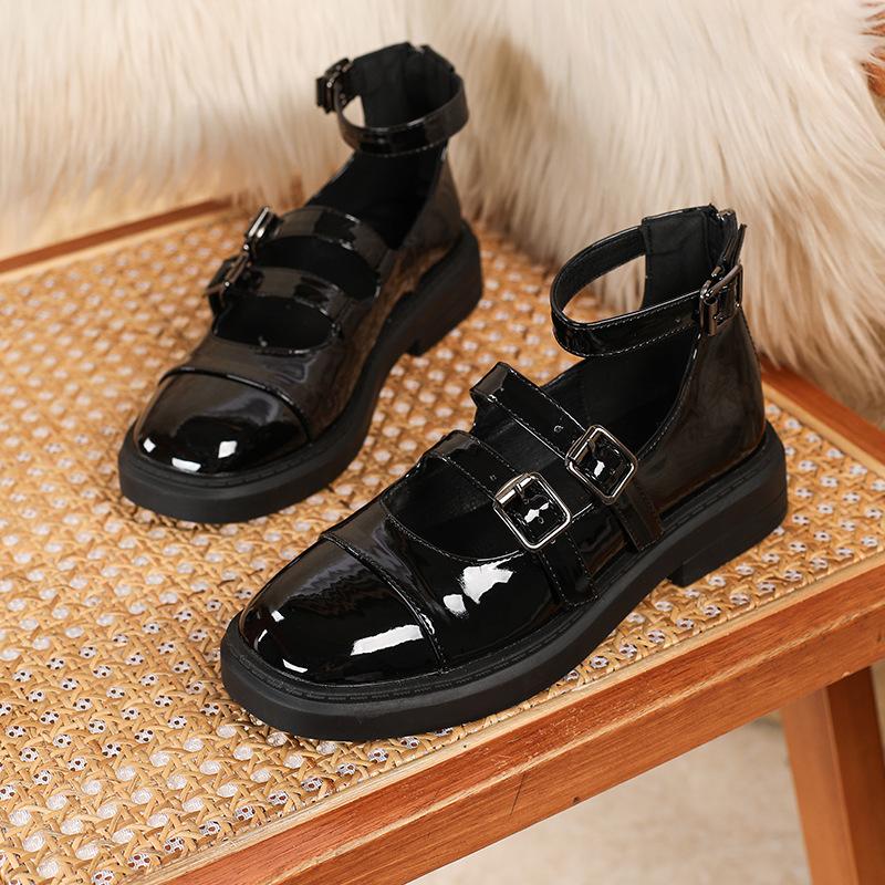 

Small leather shoes women s four-season three-buckle JK uniform college retro flat Mary Jane single shoes 39 чёрный