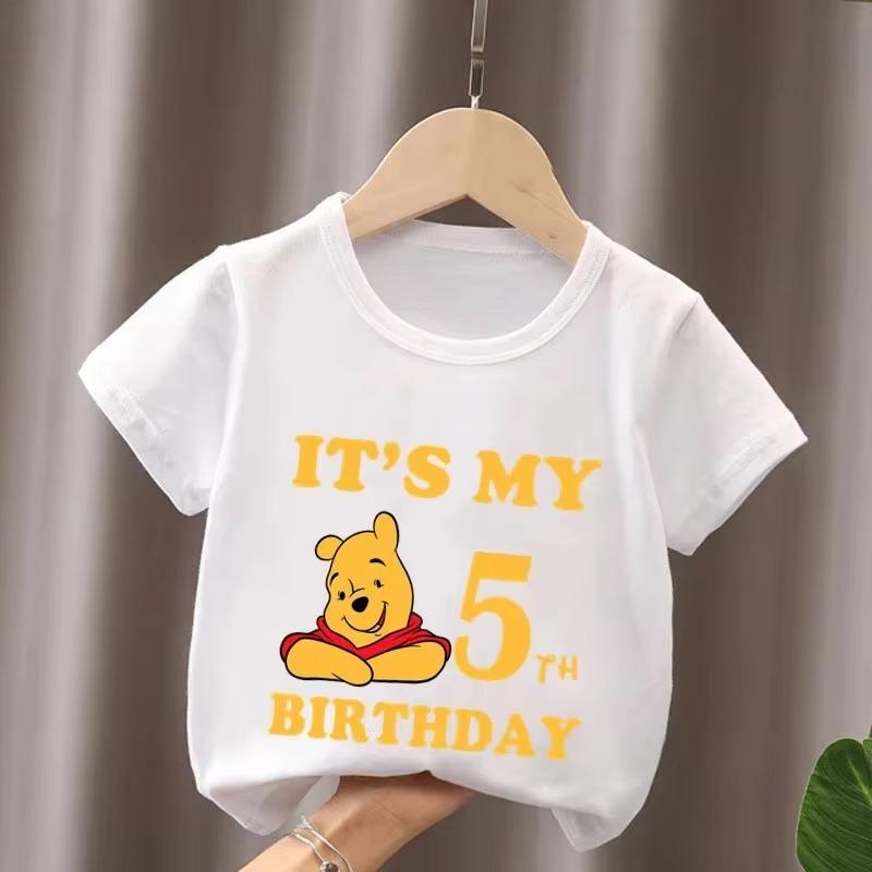 Winnie The Pooh Birthday Themed Printed Children's T-shirt Summer Pure Cotton Breathable Parent-child Outfit Short Sleeved