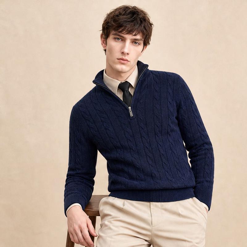 JOW Men's Cable Knit Cashmere Blend Zipper Sweater