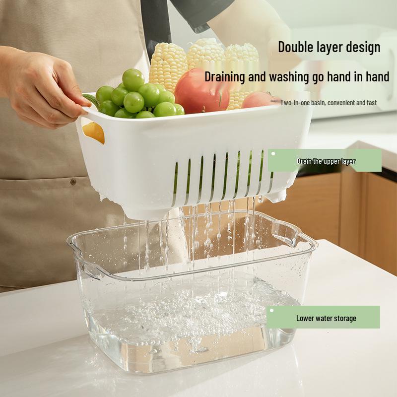 Double-Layer Transparent Large-Capacity Fruit & Vegetable Drainer Basket - Dustproof for Kitchen & Home