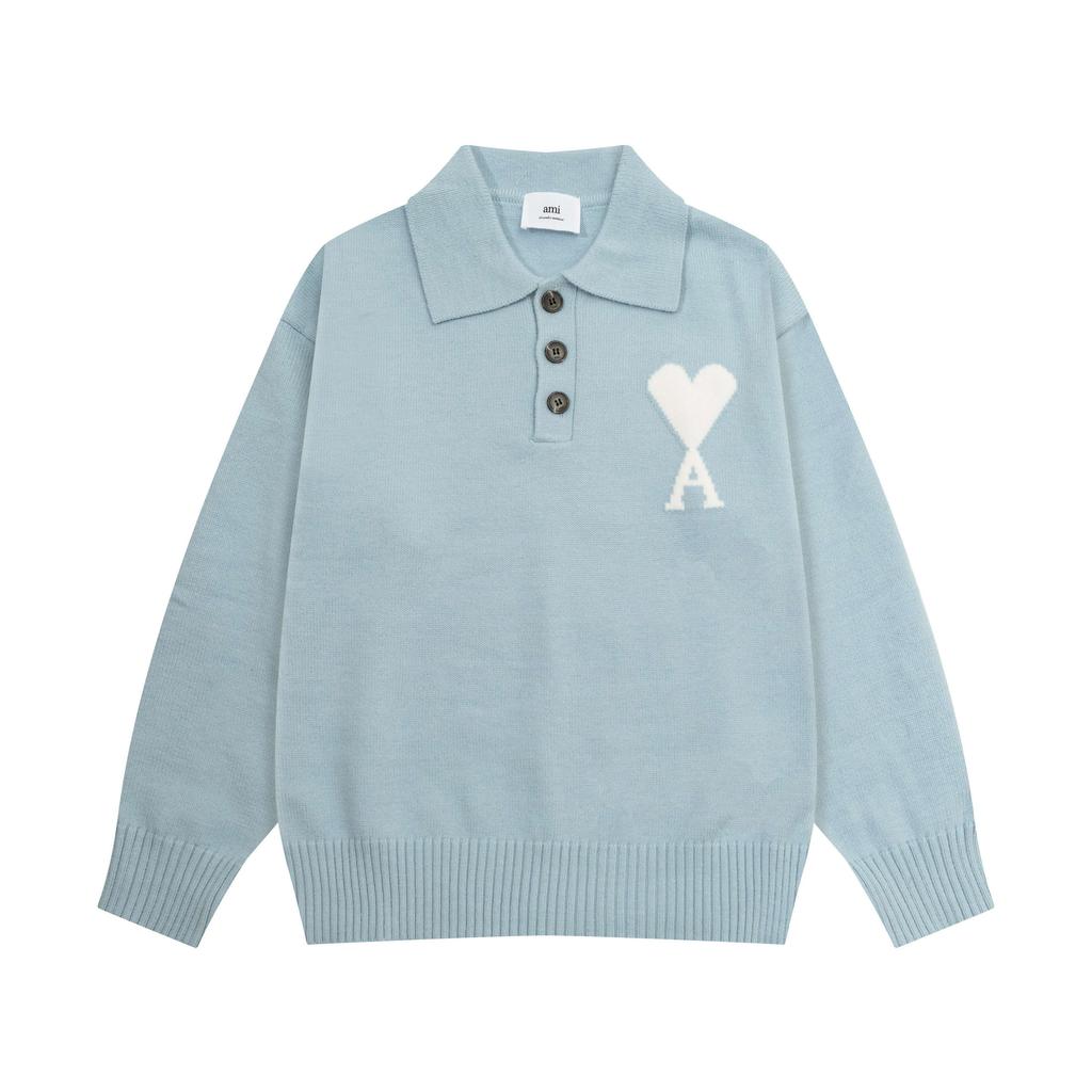 AMI White Heart-shaped Jacquard Alpaca Wool Blended Loose Sweater Polo Collar Men Pullover Sweater