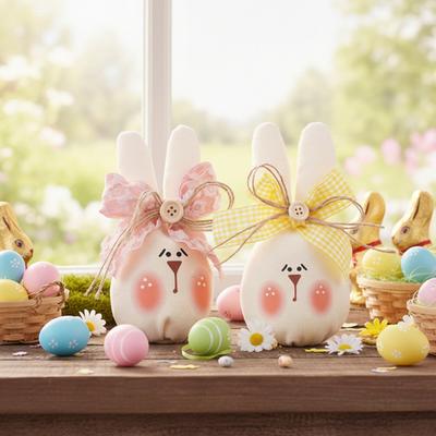 Easter Bunny Tabletop Ornament Rabbit Decorations Soft Fabric Table with Bow Cute Plush Accent for Living