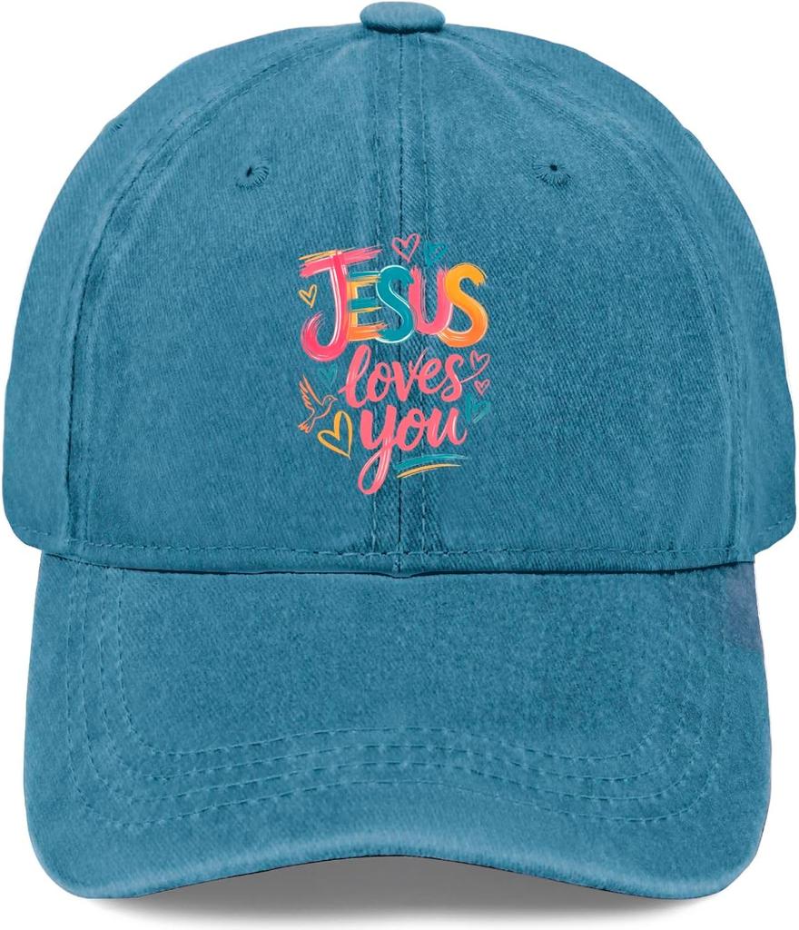 Jesus Loves You Washed Baseball Cap Distressed Polyester Casual Style Adult Adjustable