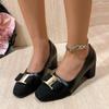 Fashion Coarse Heel Shoes Spring New Round Head Suede Splicing Metal Buckle Set Foot Anti-slip Wear-resistant High Heels