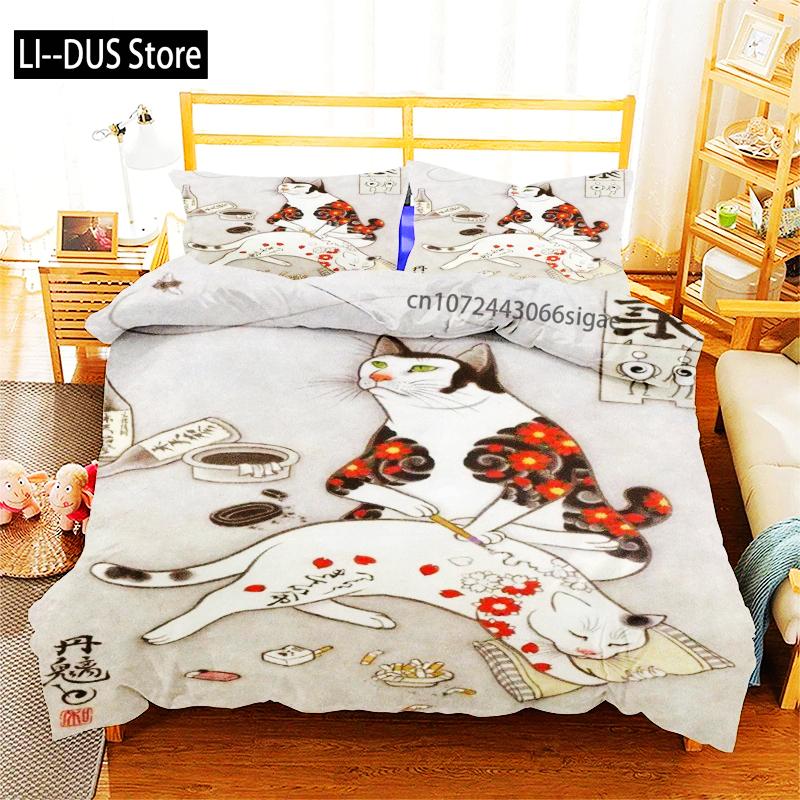 Phechion Samuray Kedi Dövmesi 3D Baskı Yatak Takımı Yorgan Kılıfları Yastık Kılıfları Tek Parça Yorgan Yatak Takımları Yatak Örtüsü Yatak K580