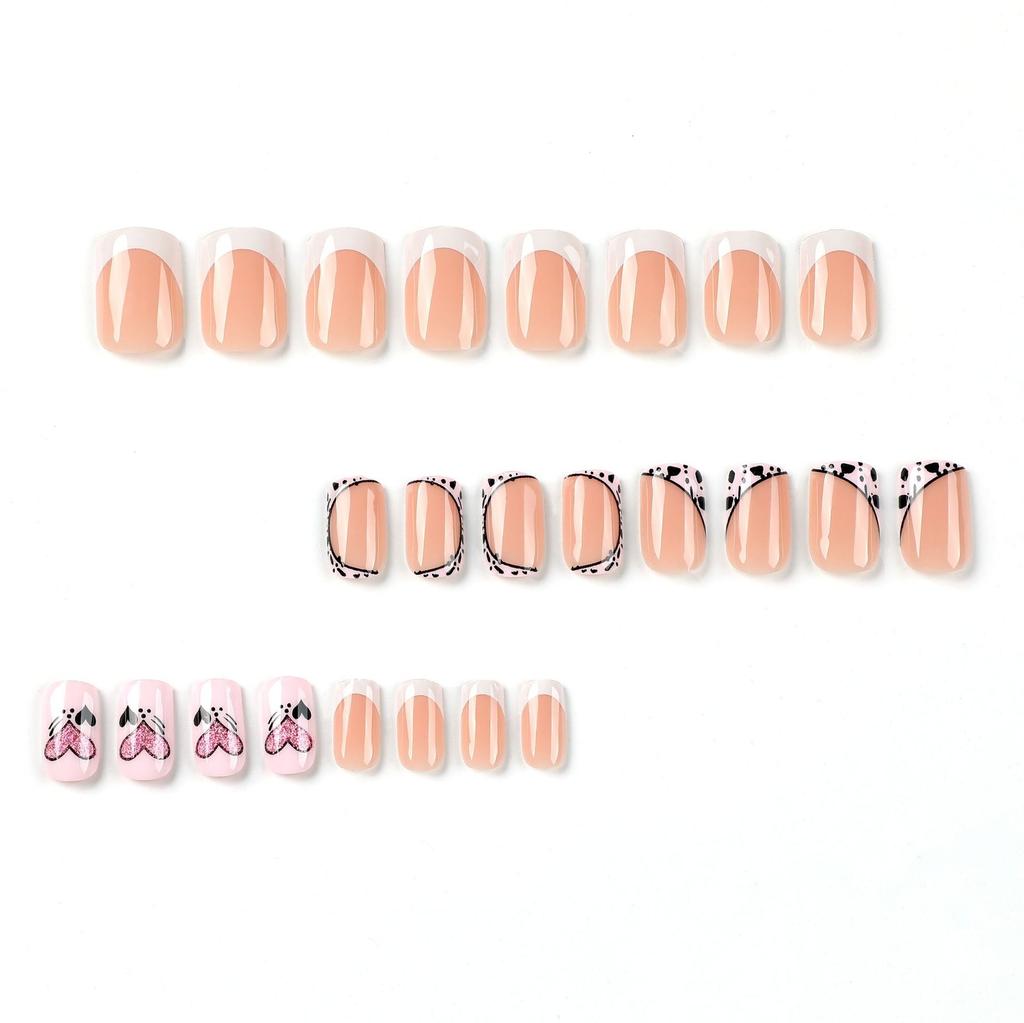 Wear nail piece white powder contrasting color French black love little pink glitter love cute wear nail