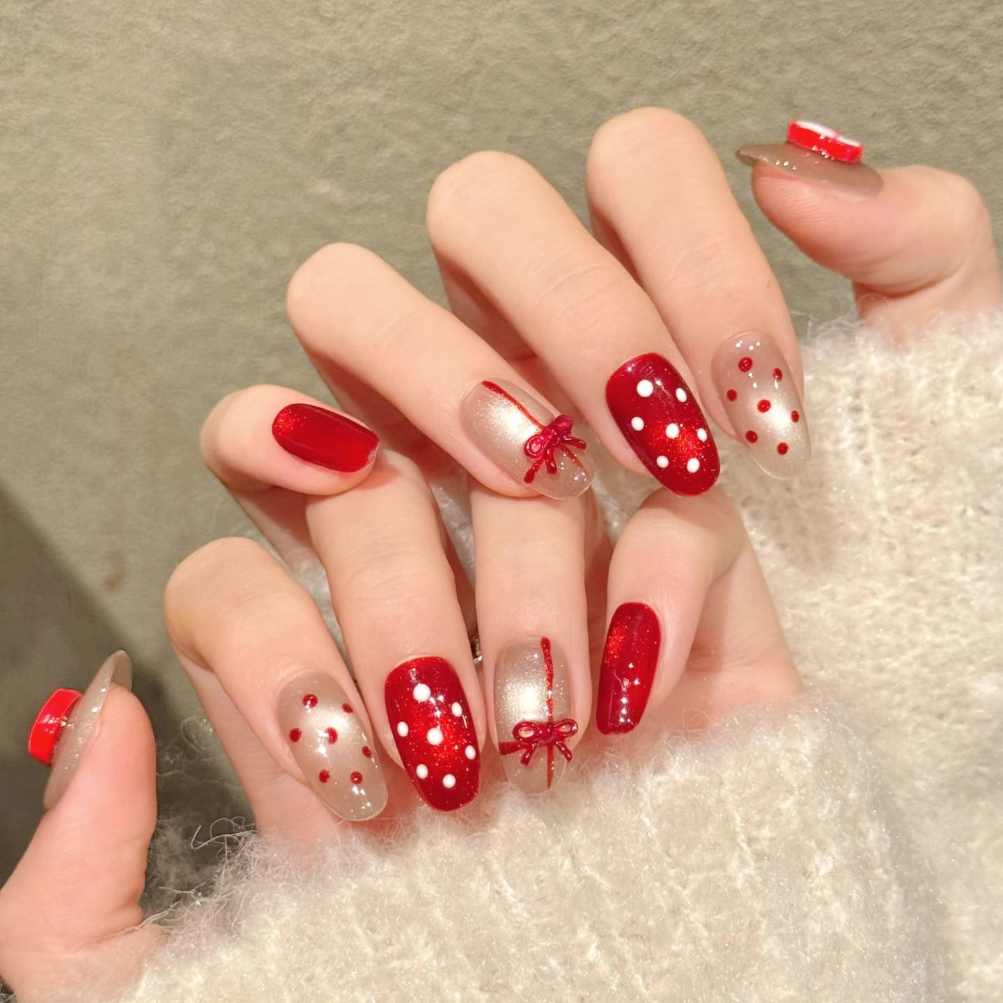 Red Apple Wave: Red-Brown Nude Transparent Polka Dot 3D Handmade Wearable Nail Art Stickers for Christmas Atmosphere Large L