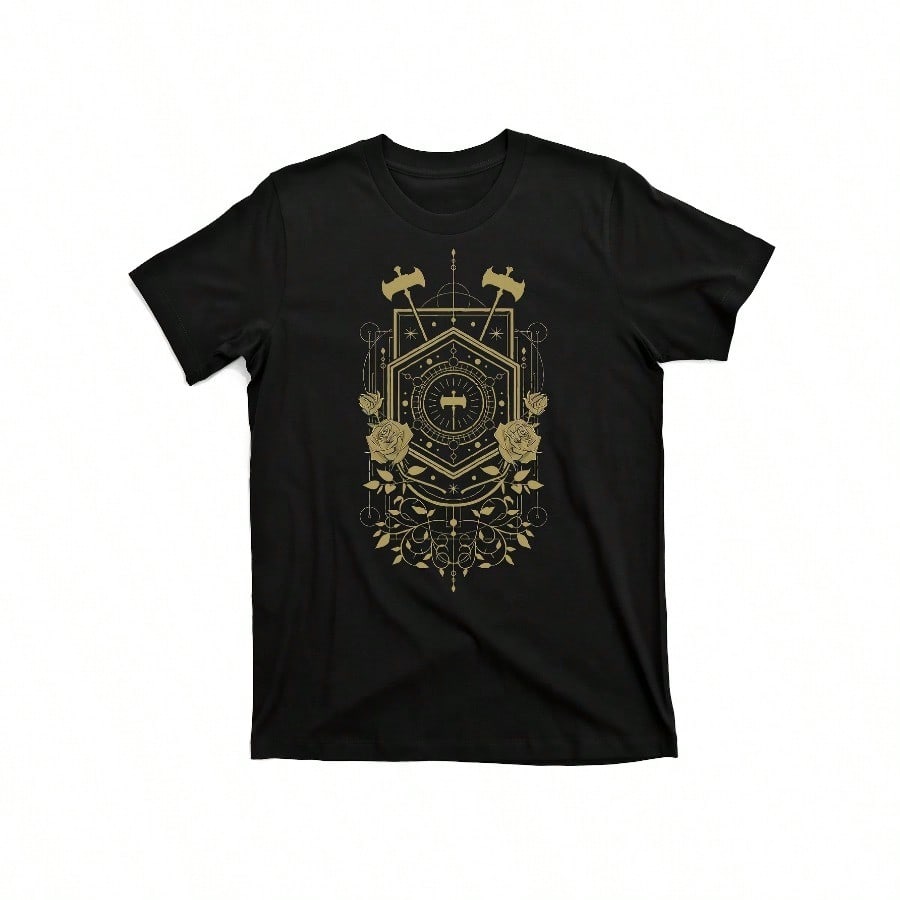 Even in Arcadia Mens Vintage Graphic TShirt 220g Heavyweight Cotton Crew Neck Short Sleeve Tee with Golden Geometric Print
