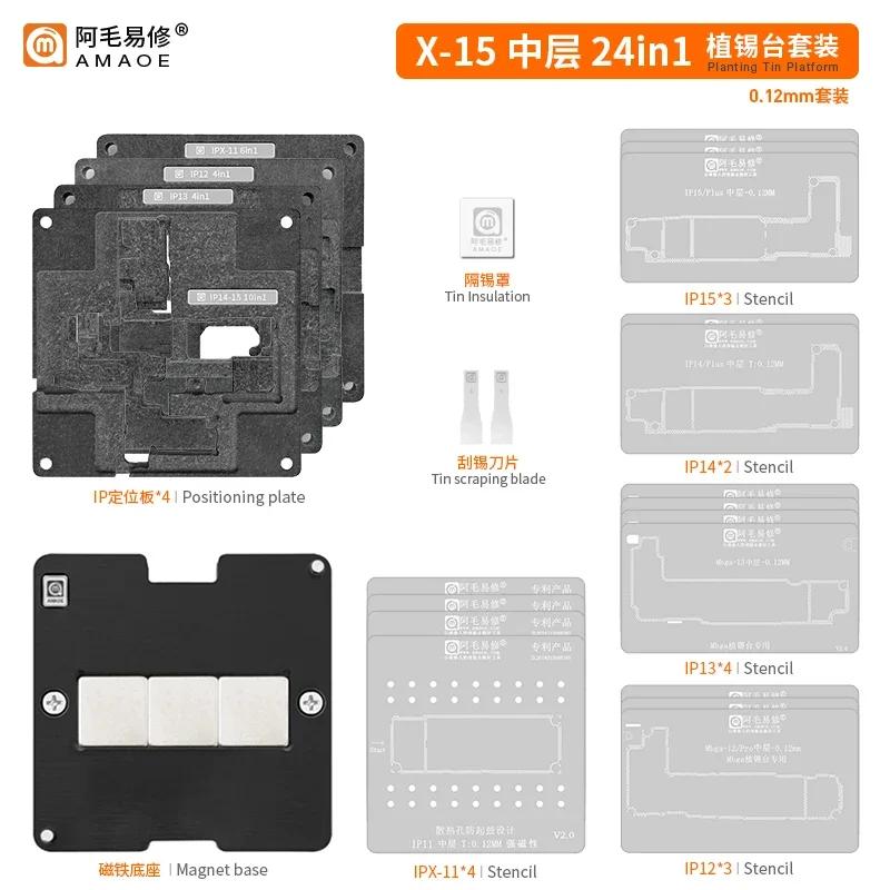 AMAOE IP X-17 28 IN 1 Middle Layer Reballing Stencil Platform for iPhone X XR 11 12 13 14 15 16 17 Pro Max Mini Plus Tools Kit