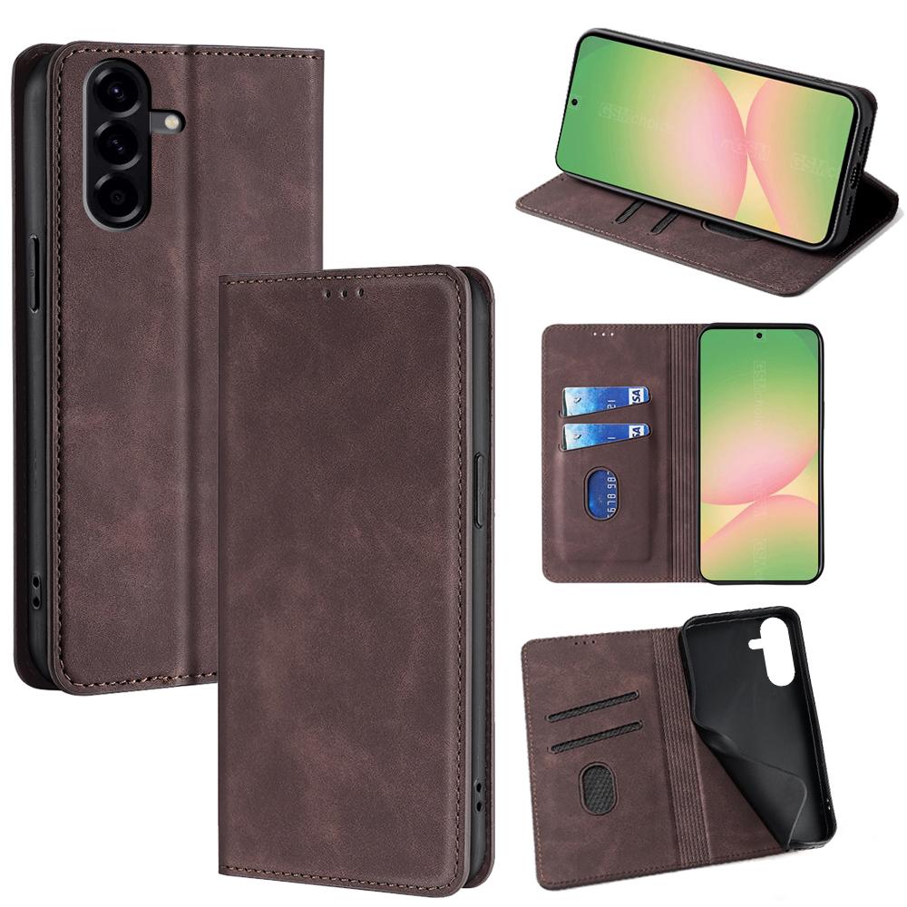 

For Samsung Galaxy A56 5G Card Holder Case PU Leather Magnetic Closing Phone Cover Dark Brown