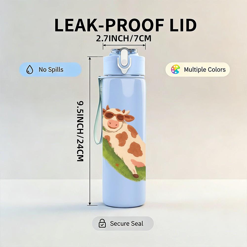 1PC Lying Spotted Cow Cartoon 750ml Color Plastic Sports Water Bottle Leakproof Flip Straw Lid Suitable for Sports Office Home Use