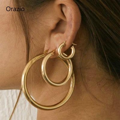 Orazio Paslanmaz Çelik Küpe Tokaları Kadın Moda Altın Rengi Büyük Daire Hoop Küpe Takı Aksesuarları 24/30/50 MM
