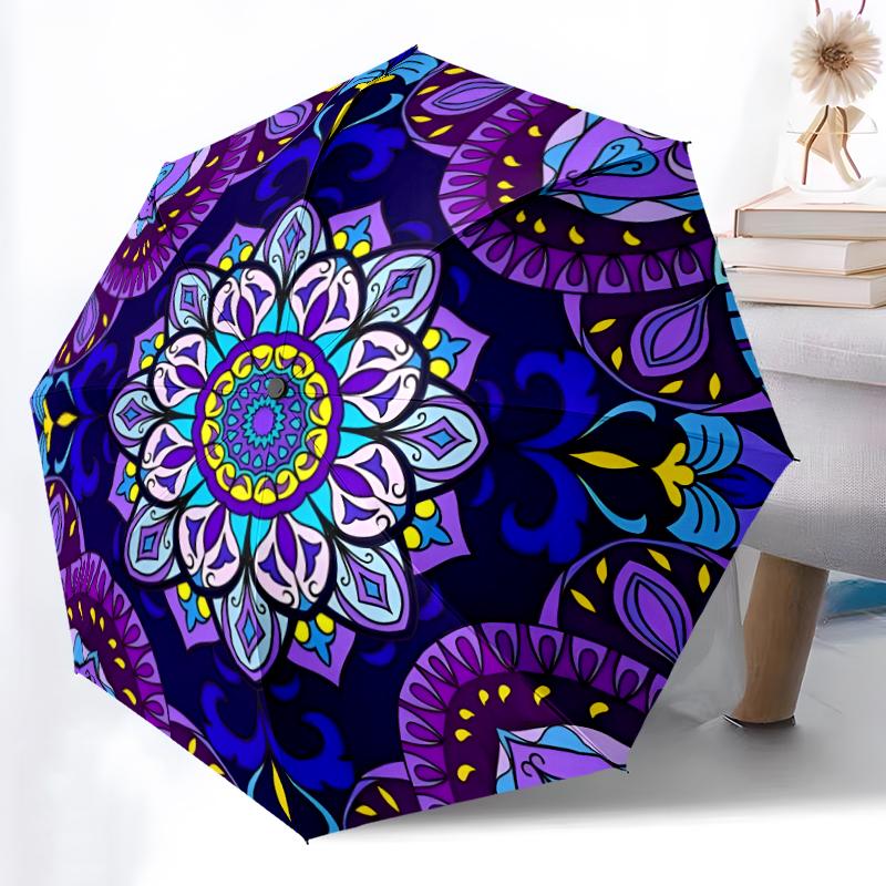 1pc Sturdy 8-Bone Auto Umbrella, Mandala Umbrella, Digital Printed, Foldable Umbrella for On-the-Go Outdoor Use