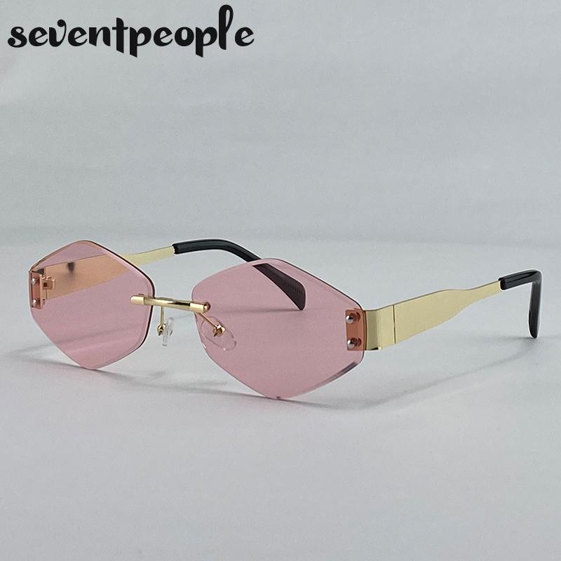 Rimless Small Polygon Sunglasses Women  Luxury Brand Trendy Frameless Hexagon Sunglass For Ladies Fashion Metal Frame Shades