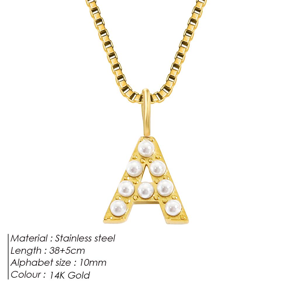 eManco DIY Imitation Pearl Letter Pendant Stainless Steel Cuban Chain Necklace Women's Gold Plated Accessories 48 Hour Shipping