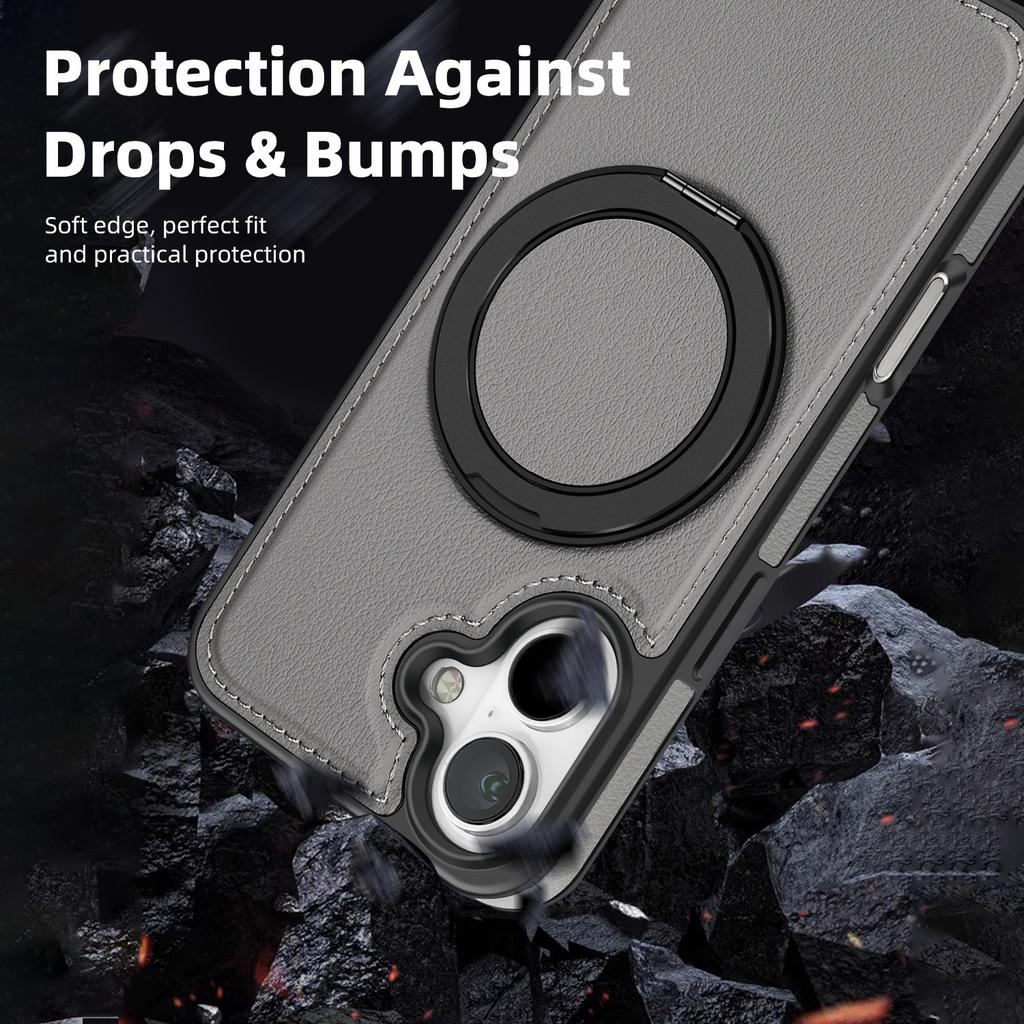 For iPhone 16 Magnetic Case Rotate Ring Kickstand PU Leather+PC+TPU Back Cover