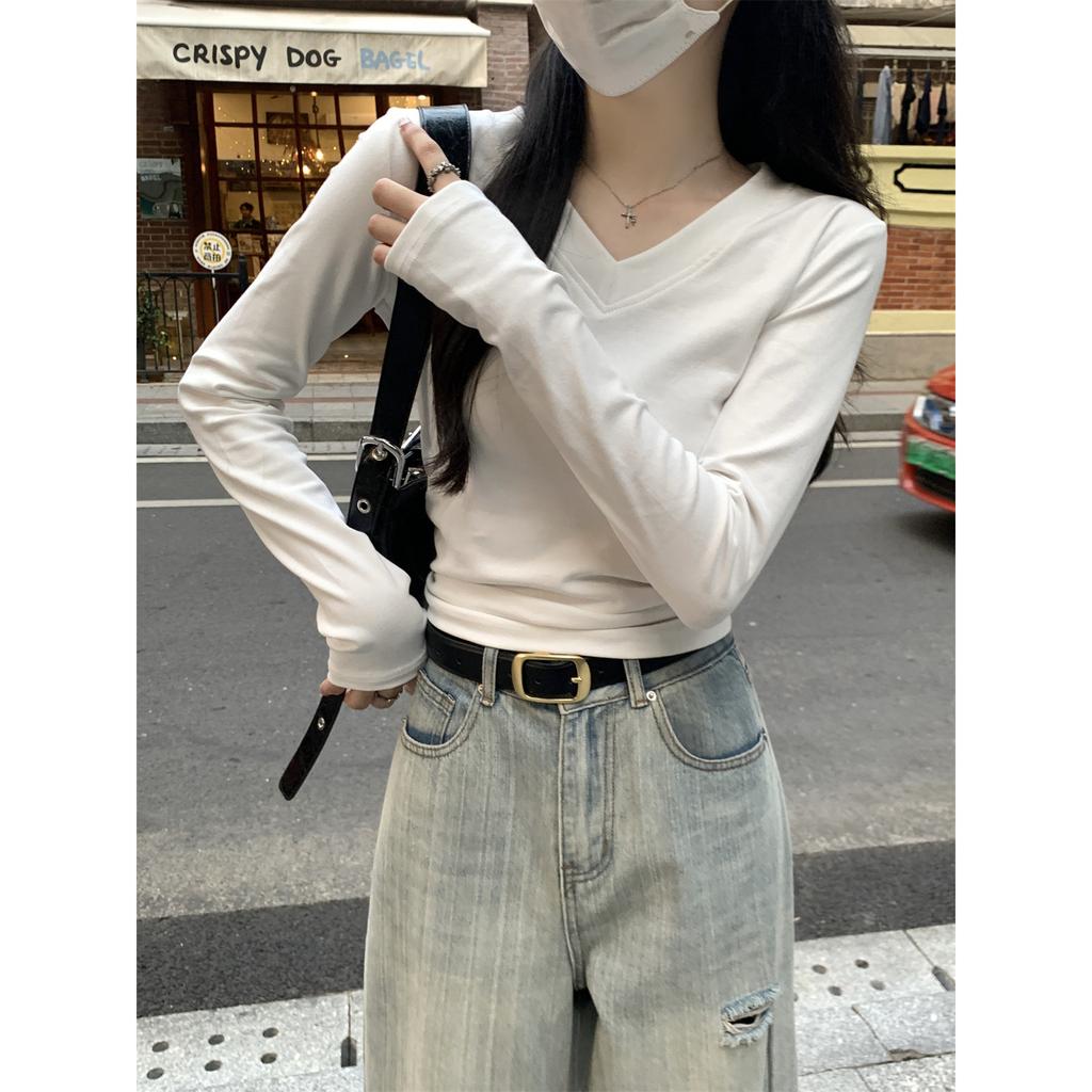 Front Shoulder Collar Slim-fitting and Thin Top Women's Spring Basic Long-sleeved T-shirt with Bottoming Shirt Versatile