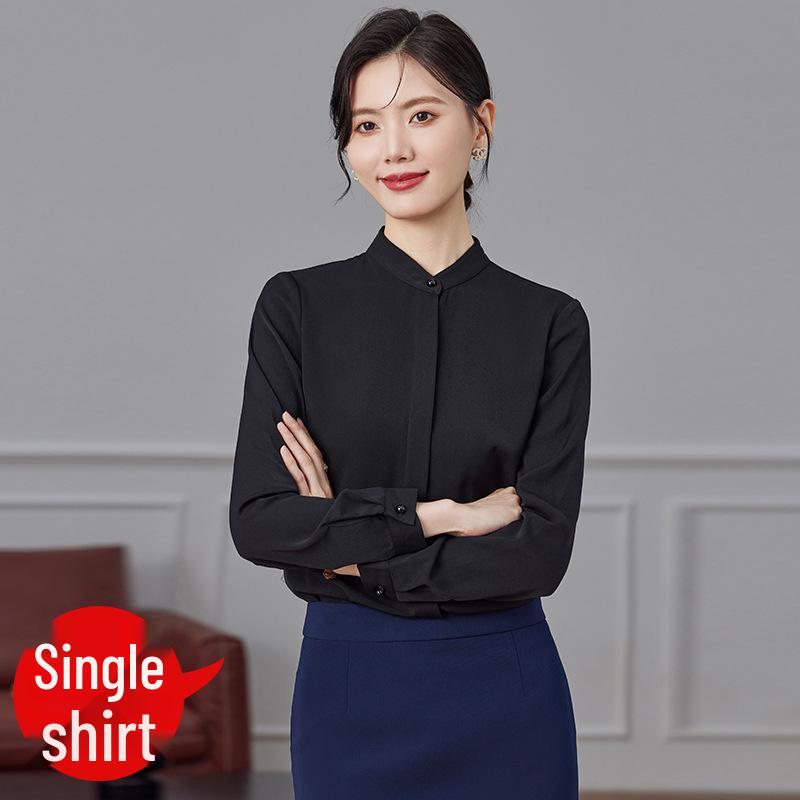 

Женская блузка в стиле ретро, приталенного силуэта, из однотонного шифона, со стойкой - издание Весна 2024 L