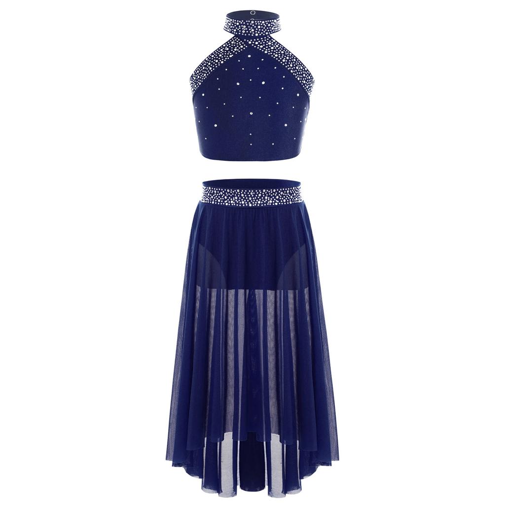 Set Gonna in Rete High-Low con Gilet da Ragazza Scollo all'Americana Senza Maniche Schiena Scoperta Strass