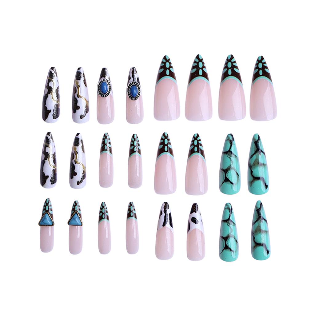 24PCS French Tip Fake Nails with Ink Crack Design Eco-Friendly ABS Material for Wedding Party