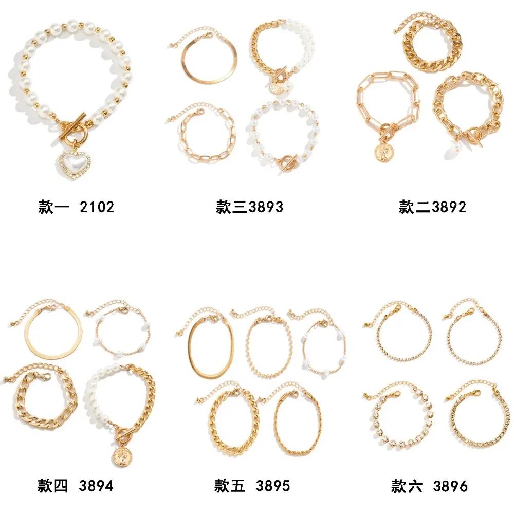 4pcs Set Luxury Imitation Pearl Chain Beaded Bracelet for Women Exquisite Charm Gold Color Stainless Steel Bangle Jewelry Set