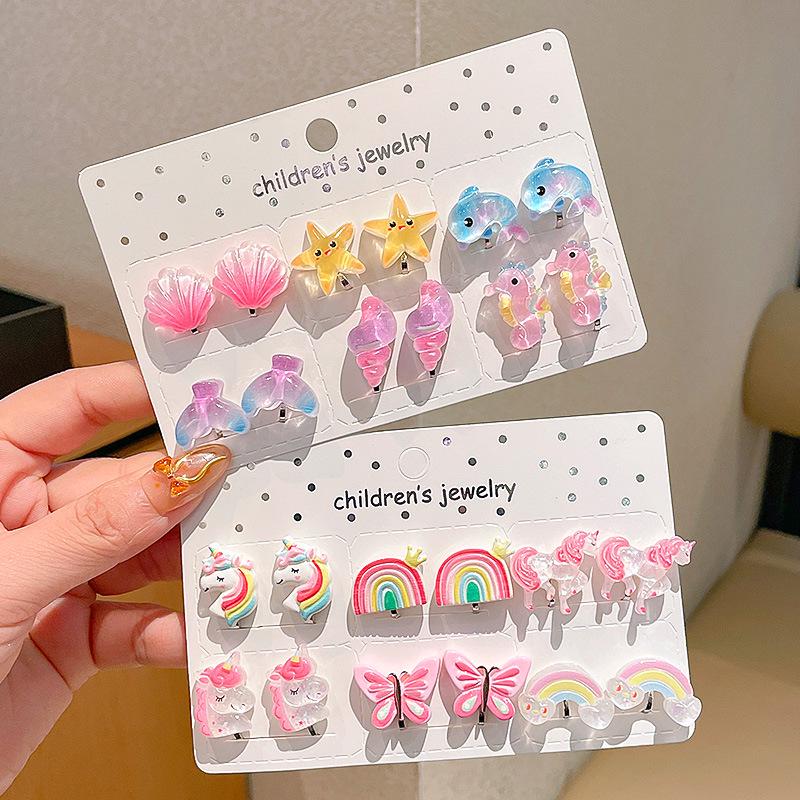 Kreskówkowe kolczyki dla dziewczynek bez przekłuwania - Słodkie, bezbolesne, letnie akcesoria na uszy dla dziecka