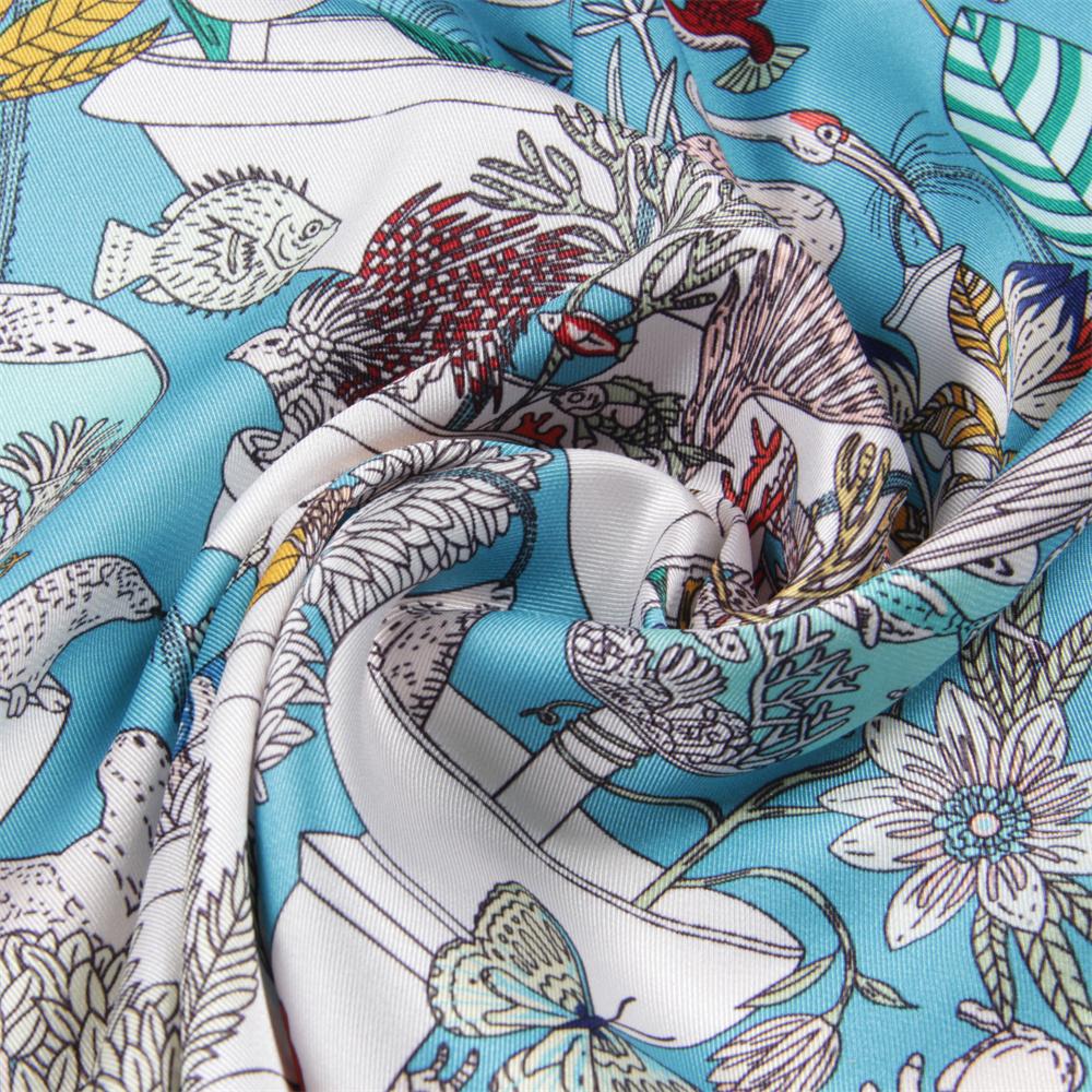POBING Twill Silk Scarf Women Poncho Hand Rolled Zoo Animals Printed Long Scarves Wraps Bandana Big Shawl Hijabs Female Foulards