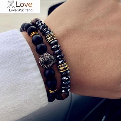 Classico Set da 2 Bracciali a Filo Elastico con Tubo Leone da Uomo Pavé Cz Lusso Perle Opache Pietra Occhio di Tigre Bracciale Da Uomo Gioiello Regalo