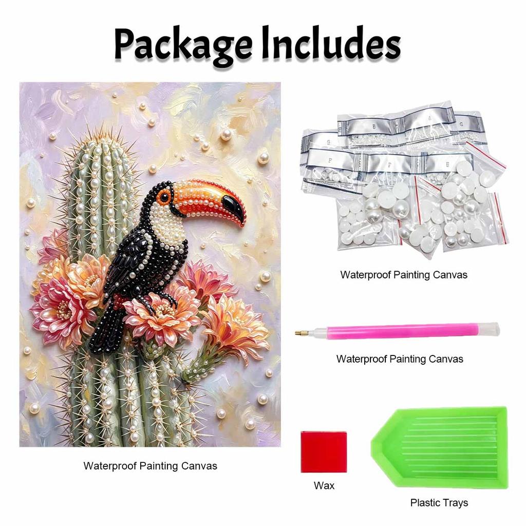 Relaxing DIY Pearl Painting Kit Framed with Toucan Cactus Design 5D Sparkling Bead Canvas Craft for Girls Bedroom Decor Art Gift