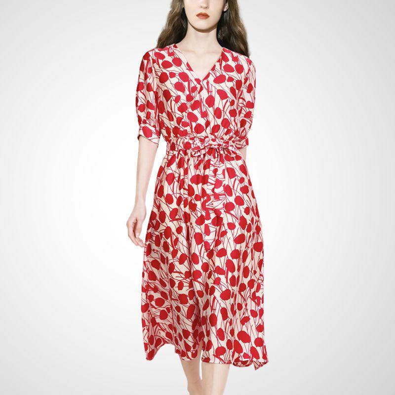 

Fashionable V Neck Print Summer Slimming Slim Fit Dress Red and White Print S